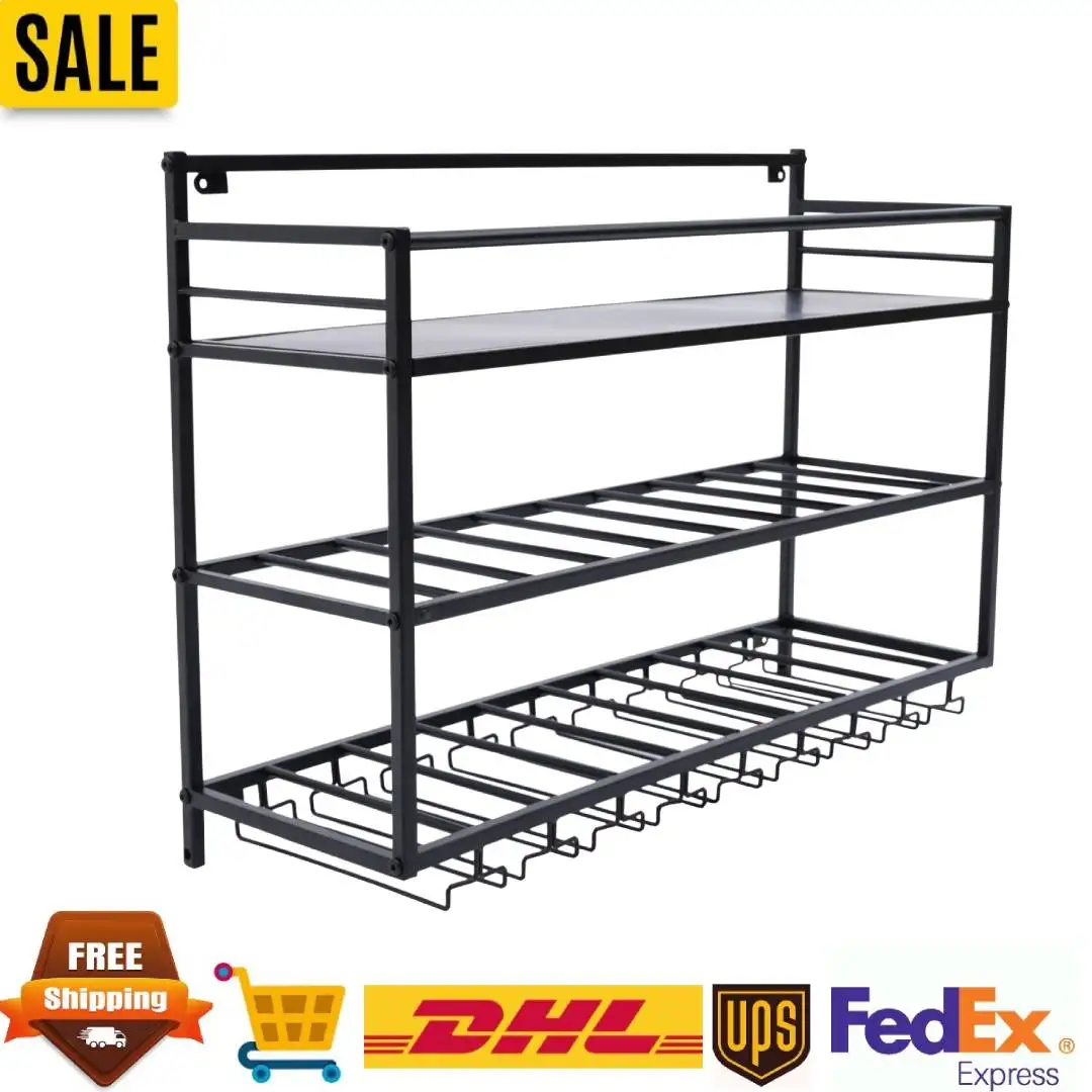 

9,831,521,6 дюйма, черная настенная винная полка, 3-уровневое хранилище, металлический подвесной держатель для вина с нагрузкой 66,14 фунтов для дома/бара/кафе/отеля