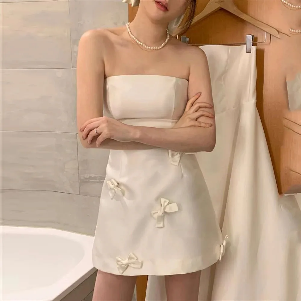 XPAY Short Satin Mini Korea Wedding Dresses Customised Strapless Bowknot Bride Gowns Corset Custom Made Above Knee Bridal Dress