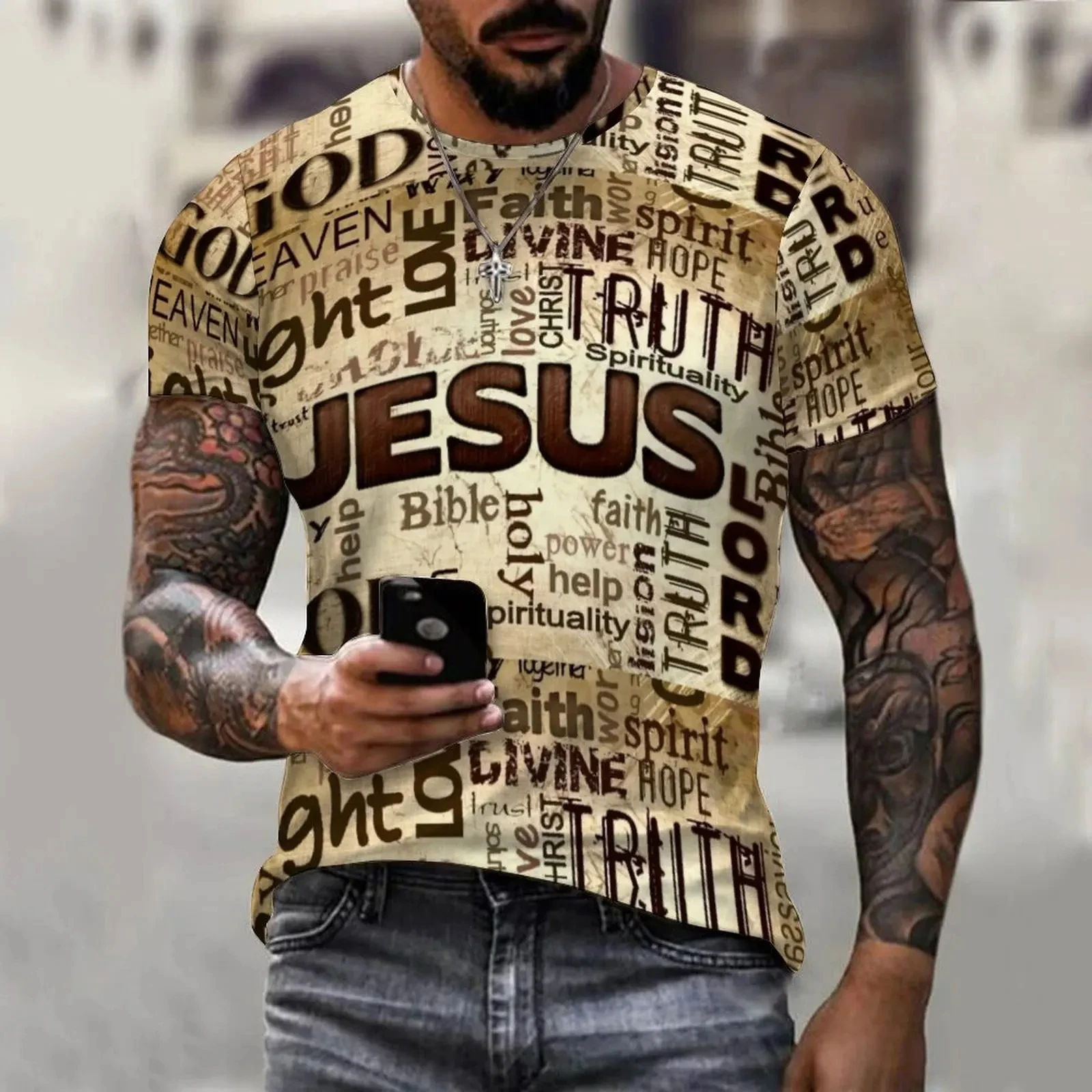 Nieuwe modieuze letter Jezus gedrukt 3D grafische heren T-shirt modieuze straat ronde hals korte mouwen casual top T-shirt