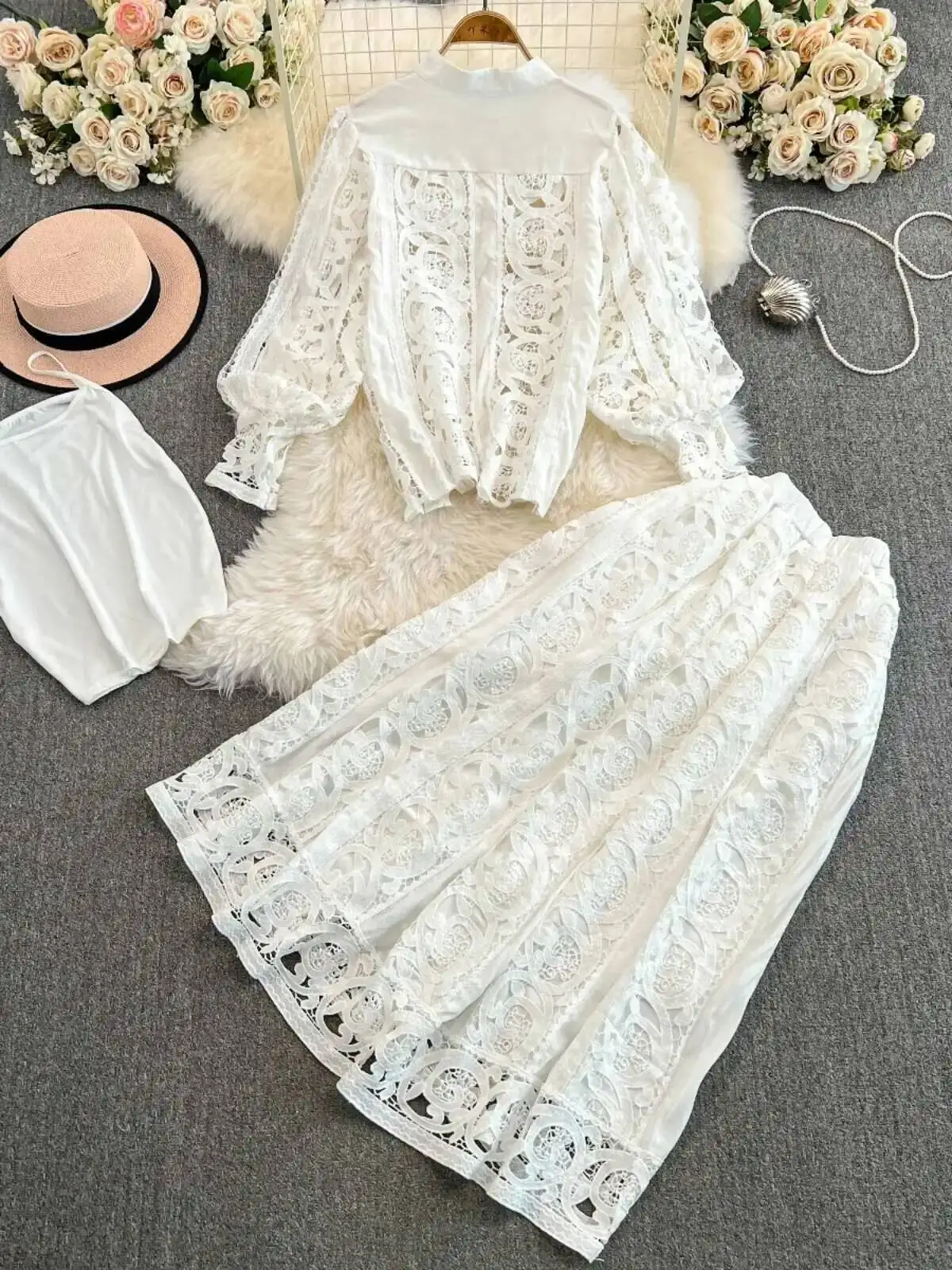 Set pakaian luar 2 potong untuk wanita, set Dress renda bunga bordir putih, atasan rok panjang Midi, setelan pakaian luar 2 potong untuk wanita