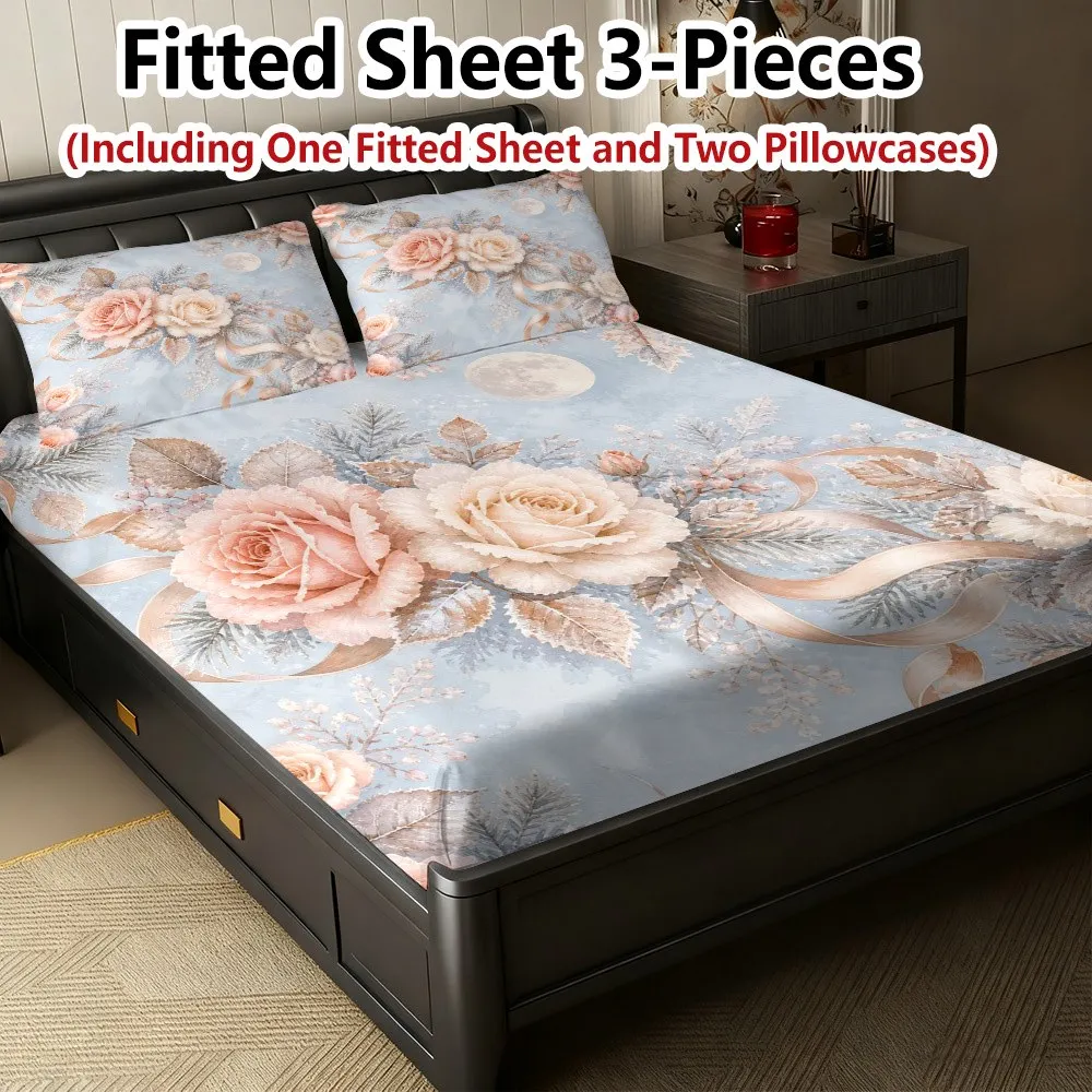 Winter Floral Moonlight Bedding Set Bedding Sets Full Mattress Protector Breathable Polyester Material (Includes 1 Fitted Sheet + 2 Pillowcases) Mattress Protector Fitted Sheet Style Protective Cover Mattress Protector, Fitted Sheet Style Bedding Christmas Themed Bedding Baby Bedding Suitable for Nursery Room
