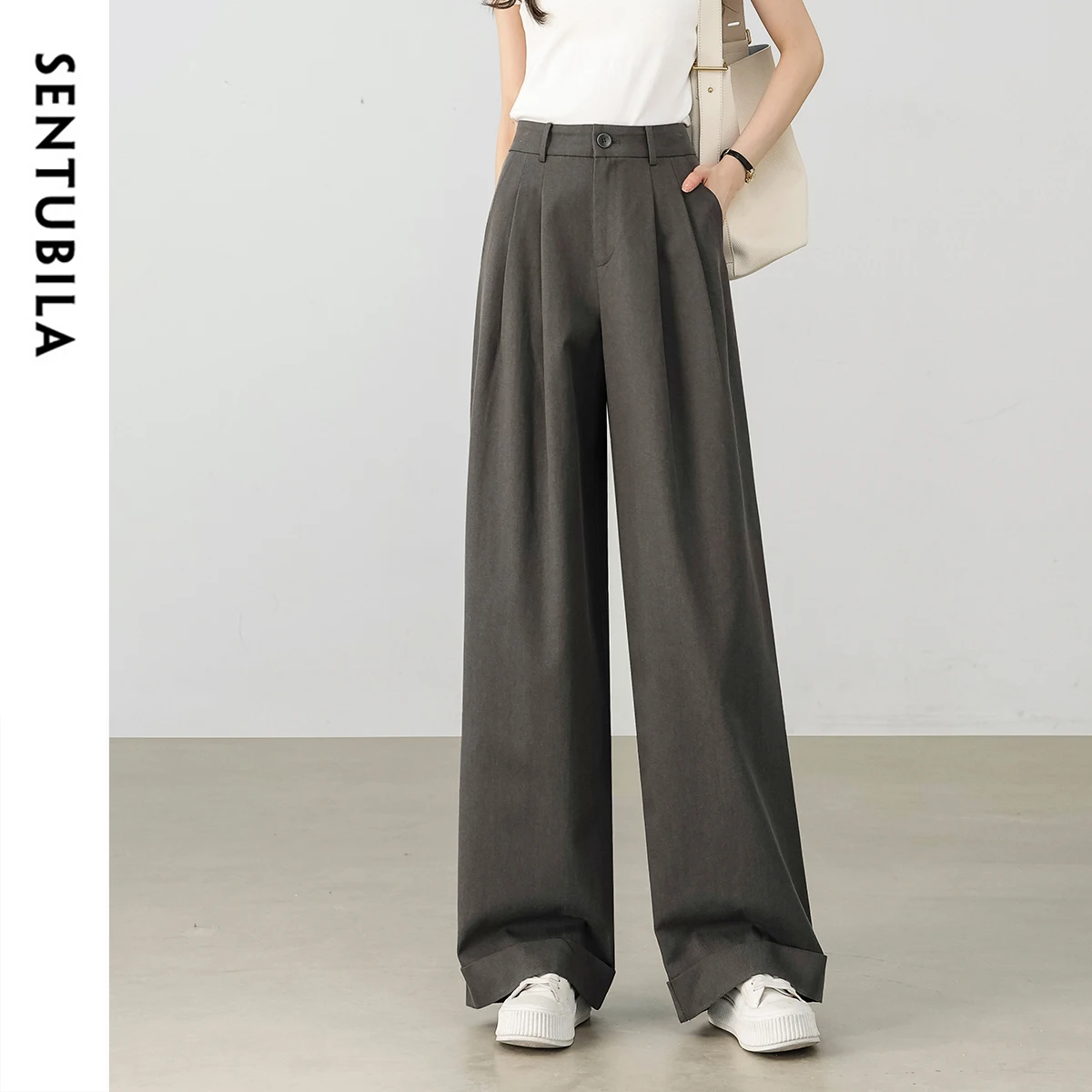 

SENTUBILA Women's Summer Pants 2025 Fashion Solid High-waist Folds Pockets Trousers Simple Wide Leg Commuter Outfit W52KD0048