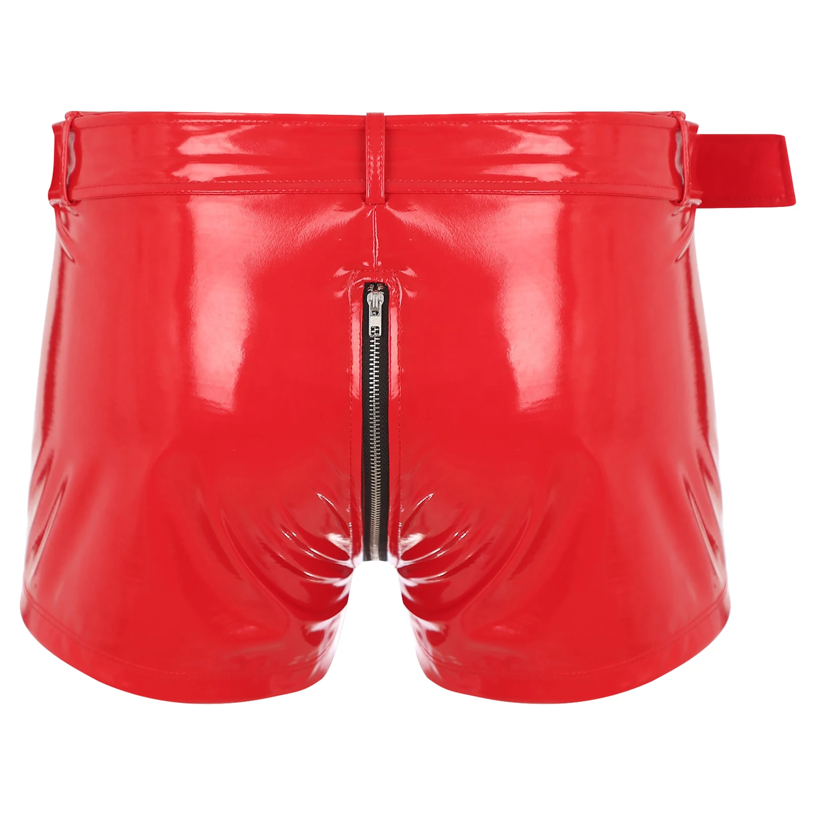 Mens Zipper Crotch Briefs Wet Look Patent Leather Boxer Shorts with Belt Hot Pants Underwear Nightclub Pole Dancing Clubwear