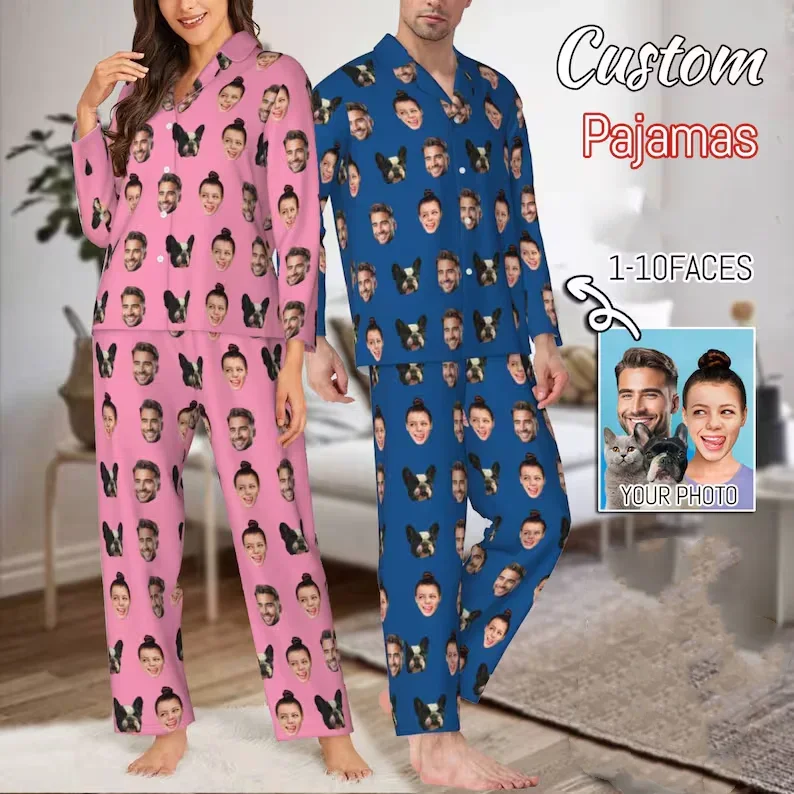 Custom Pet Dogs Cats Pajamas Set Personalised Photo Pyjamas Face Pajamas, Anniversary Party Gift Pjs Custom Family Gift