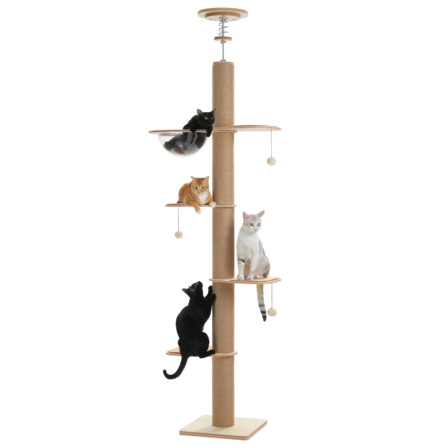 Bodenhoher Katzenbaum für Wohnungskatzen mit Verstellbarer Höhe, Holz-Katzenturm mit Dicken Kratzpfosten, Acryl-Höhle und Katzenspielzeug