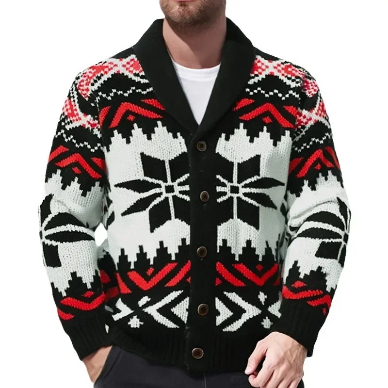 

Retro Jacquard Knitted Sweater Coats New Autumn Thick Knitwear Jacket for Men Button-down Lapel Cardigan Casual Fit Outwear Coat
