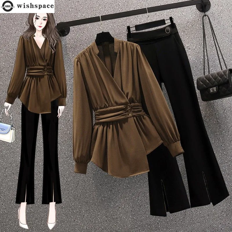 2022 Summer New Elegant Women's Pants Set Fashion Velvet Chiffon Top Wide Leg Trousers Two-piece Set Female Tracksuit Blazer