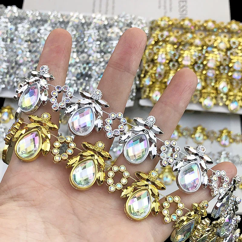8 Yards 2.5cm Wide Sparkly AB Teardrop Crystal Rhinestone Pendant Chain Trim For Evening Gown Bags DIY Handmade Sewing Supplies