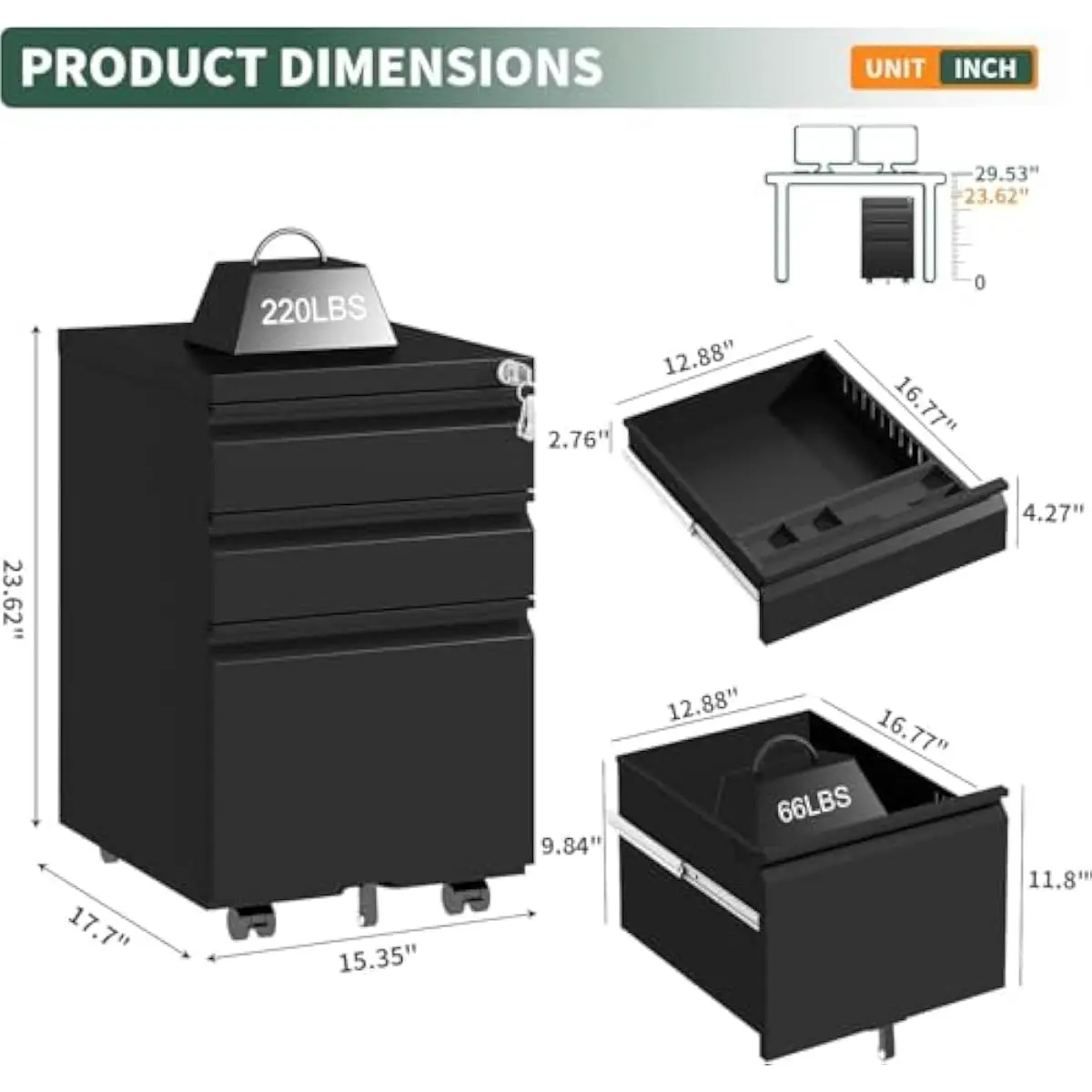 Three-drawer rolling file cabinet in black steel with lockable casters and hanging file rails for letter legal A4 folders fits u