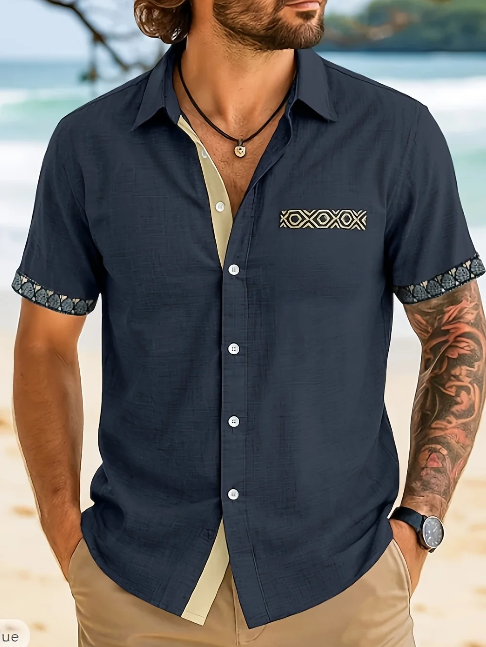 Men's Lightweight Button-Up Shirt Retro Print Short Sleeve Tops Basic Fashion Casual Quick-Drying Hawaiian Vacation Men Clothes