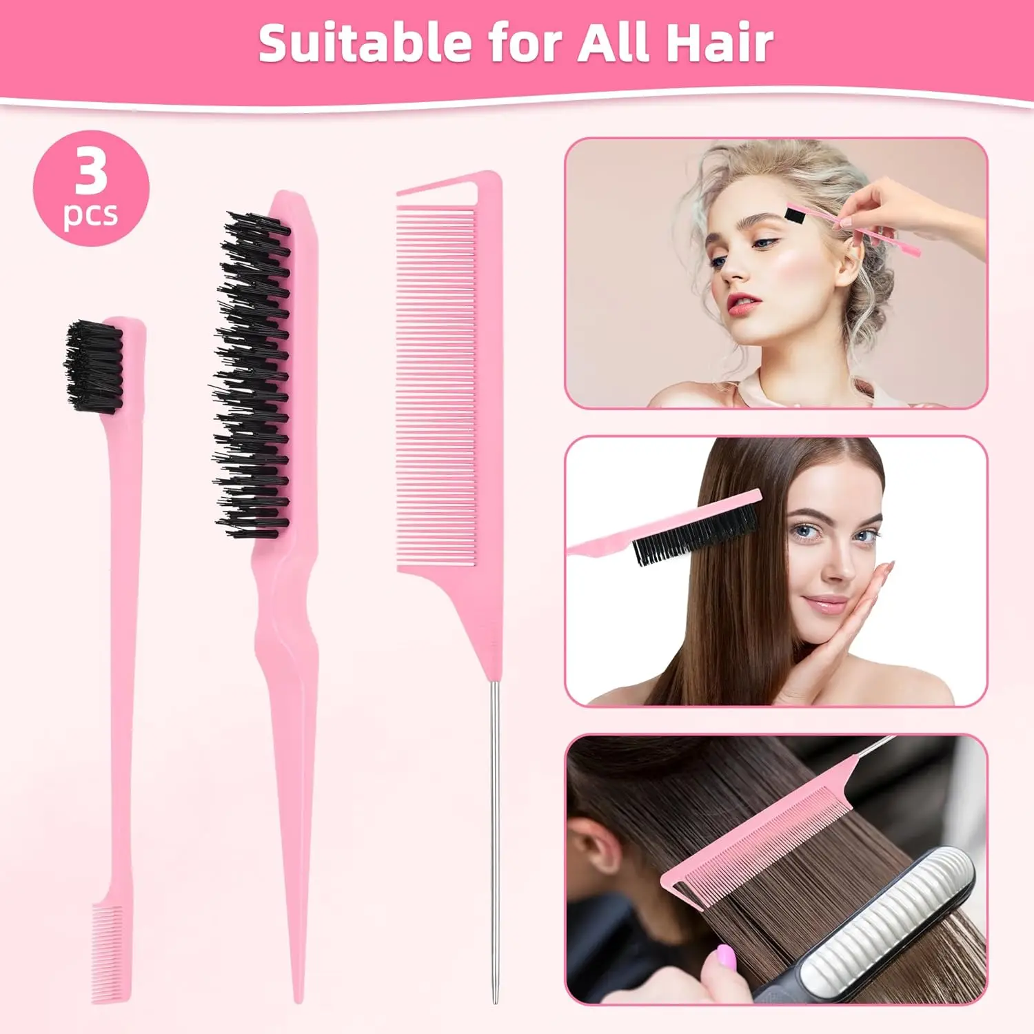 Новинка 2023 года, 14 шт., набор щеток для волос с гладкой спинкой, щетка для волос с щетиной и распылителем, зажим для волос, щетка для кромок для женщин (розовый)