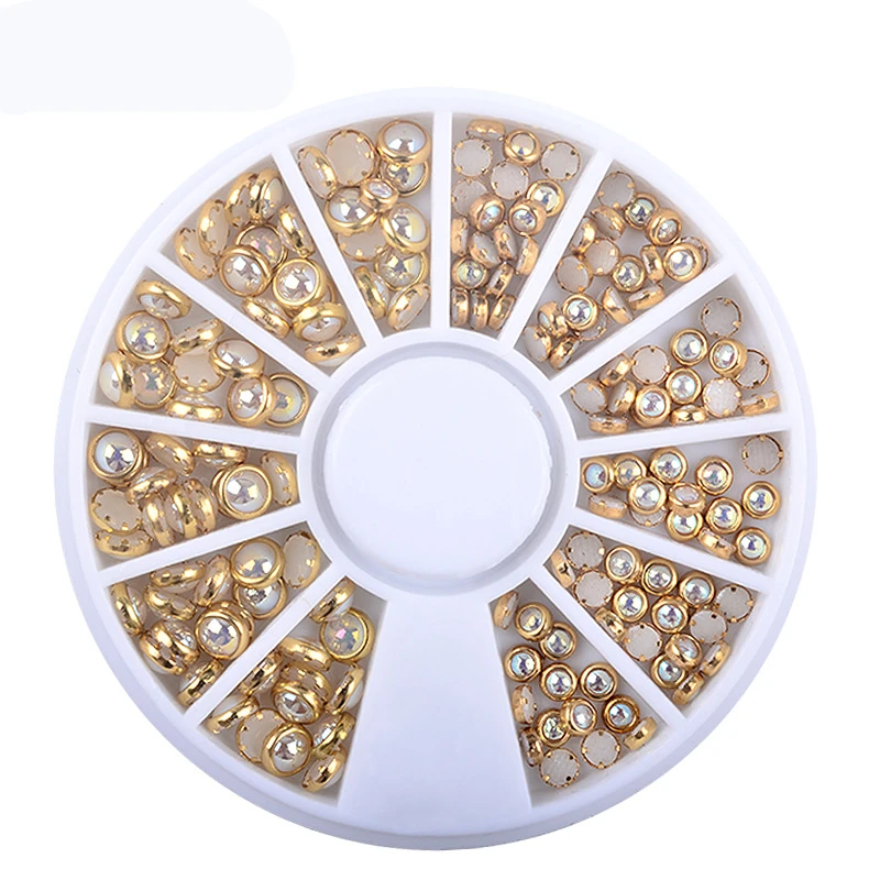 1 Doos Ab Beige Metalen Rand Glitter Nail Kralen Studs Beauty Charm Nail Art Diy Parels Decoraties Wiel