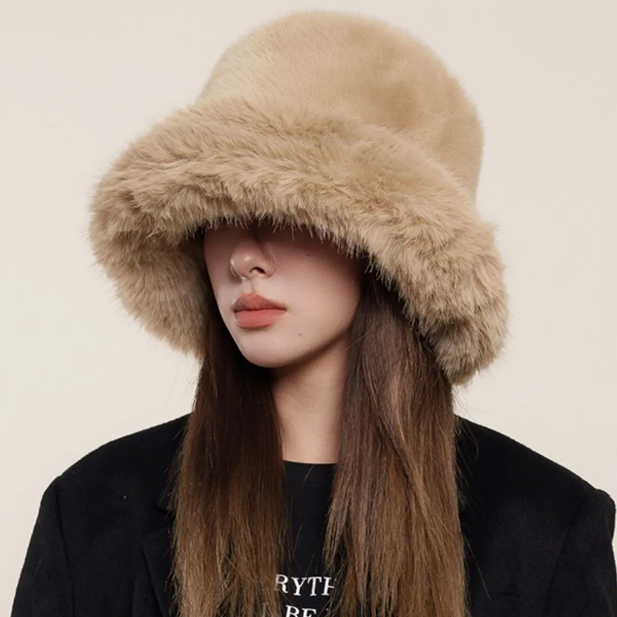 

High-end faux fur mink hat, new women's autumn and winter plush warm bucket hat with ear protection, Trapper hat style