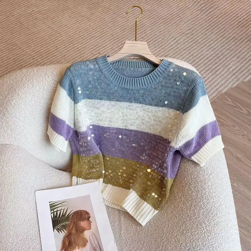 

Round Neck Heavy Industry Sequin Short Sleeve Striped T-Shirt Women's Summer 2024 New Knitwear Slim Fit Versatile Top