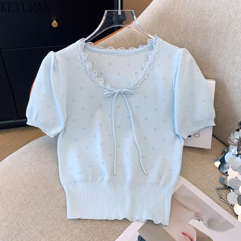 2024 Summer Hollow Out Short Sleeve Sweater Women Knit T-shirt Korean Style Sweet Thin Pullovers Knitwear Tops Jumper Pull Femme