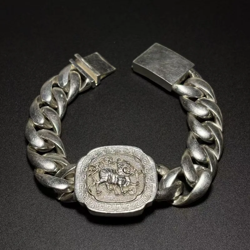Chinese Tibetan silver hand-hollowed Kirin amulet auspicious transshipment fashion bracelet overlord gift