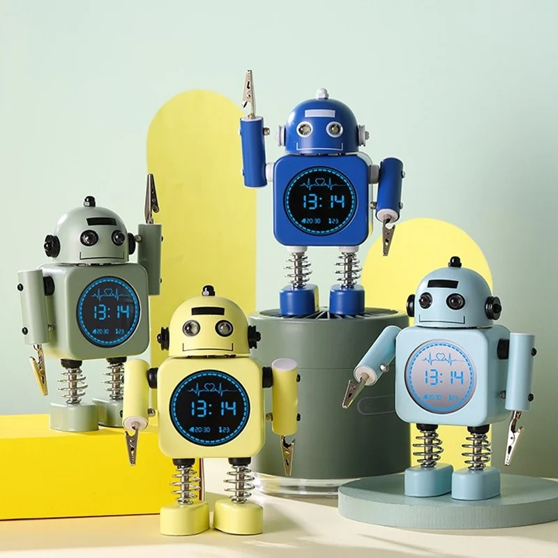 

Modern Cute Metal Robot Digital Alarm Clock Silent LED Temperature Display Night Light Desk Timepiece for Kids Bedroom Bedside