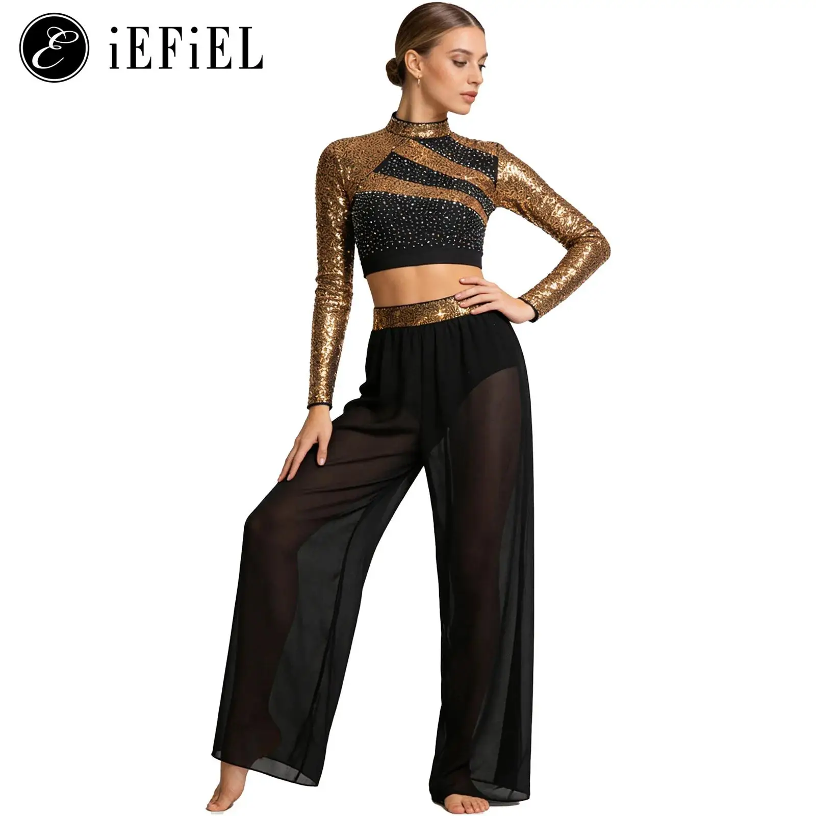 

Women Lyrical Dance Outfit Long Sleeve Sequin Crop Top And Side Split Sheer Mesh Chiffon Dance Pants Ballet Jazz Latin Dancewear
