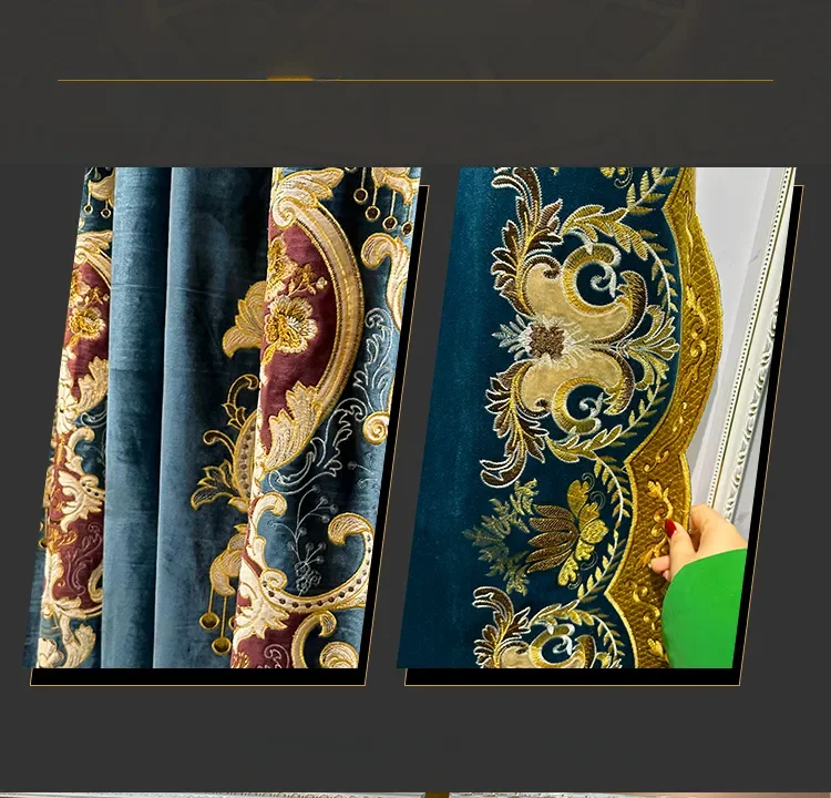 Neue maßgeschneiderte High-End-Vorhänge aus Samtstoff im europäischen Stil für Wohnzimmer, Esszimmer, Schlafzimmer, Villa, Stickerei, luxuriöse Verdunkelungsvorhänge – Detail 17