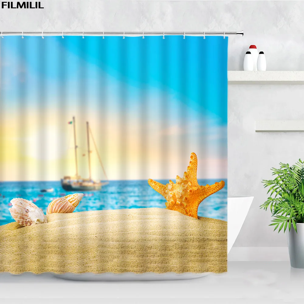 Shell Beach Shower Curtains Starfish Conch Sailboat Dusk Ocean Nature Scenery Bath Curtain Set Fabric Print Bathroom Decor Hooks