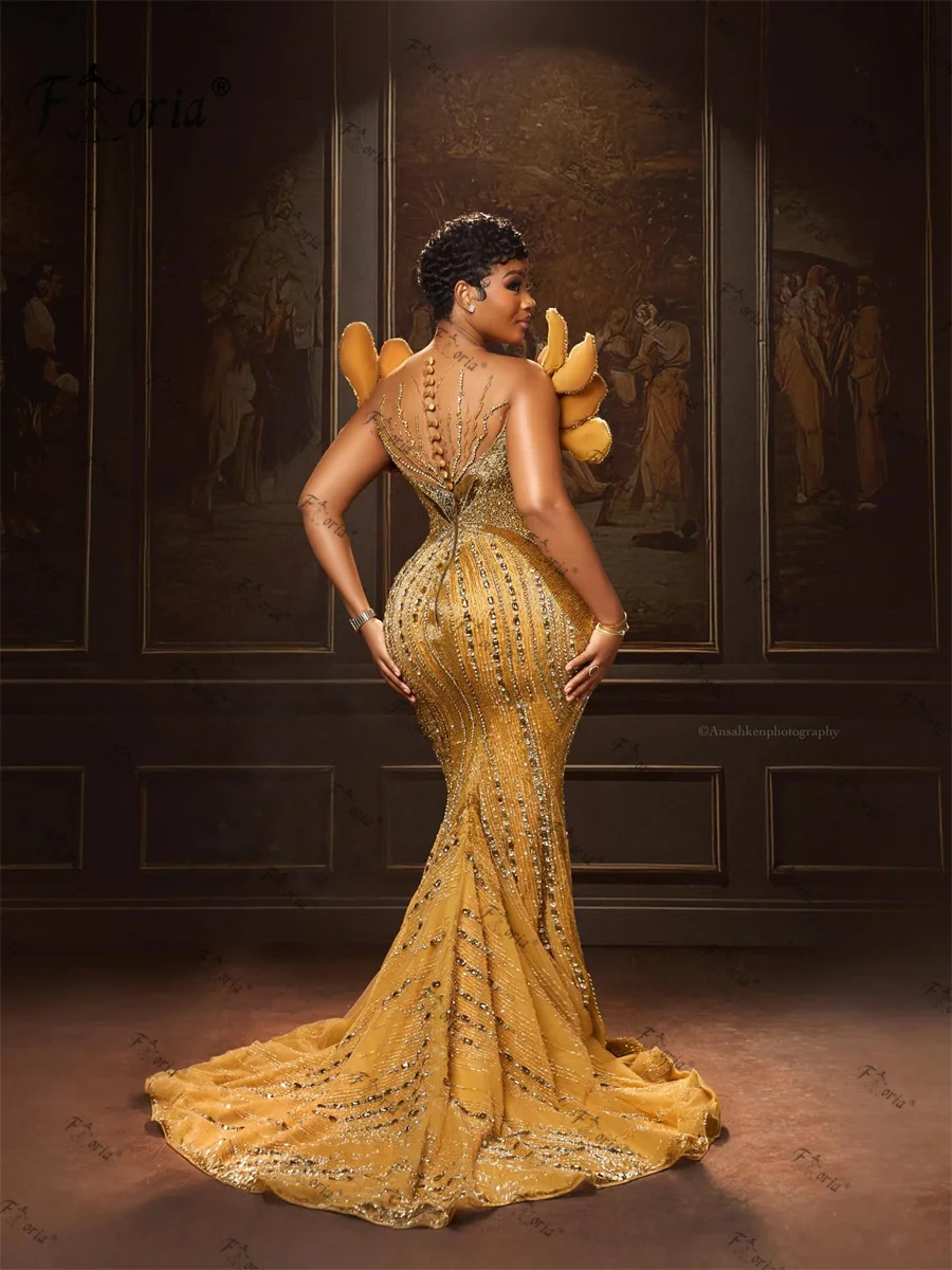 

Новые роскошные свадебные платья-русалки с тяжелыми кристаллами, золотыми бусинами и 4D аппликациями, вечерние платья для женщин из Дубая, индивидуальный пошив.