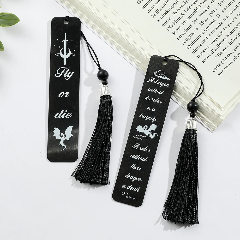 Stainless Steel Black Color Fourth Wing Dragon Bookmark with Beads Tassel for Reading Women Men Creative Book Lover Gifts