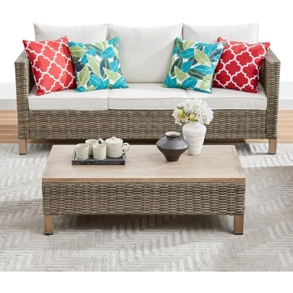 Handwoven Rattan Outdoor Coffee Table with Metal Surface, 43.3" Patio Conversation Set Table for Poolside Use