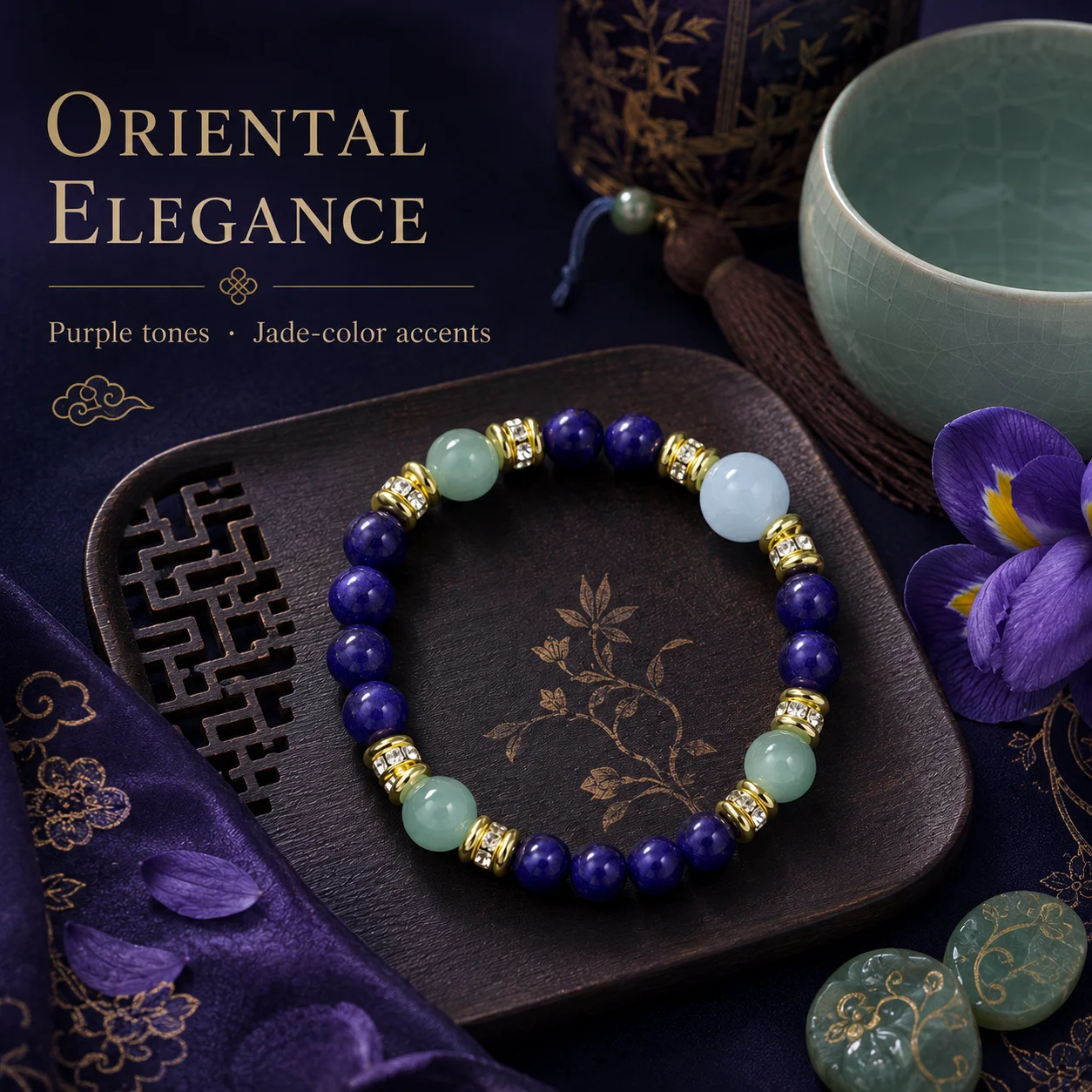 Purple Bead Bracelet 8mm 12 Beads Handmade Stretch Bracelet 4 Jade Color Accent Beads Gold Tone Spacer Women Men Jewelry Gift