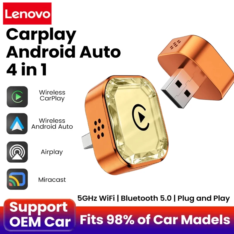 

Адаптер Lenovo Upgrade 4-в-1 для беспроводного CarPlay и Mirror Link, преобразующий проводной Android Auto в беспроводной, с функцией Plug & Play и поддержкой Wi-Fi для проводного CarPlay.