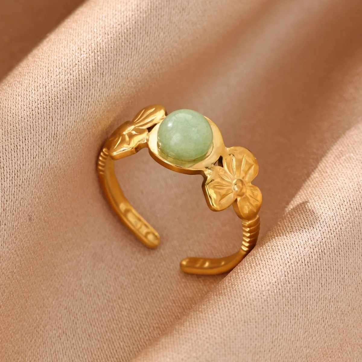 Vintage-Blumenring mit grünem Stein, offener Ring für Damen, Edelstahl, goldfarben, Imitation von Jade, verstellbarer Ring, ästhetischer chinesischer Schmuck. – Detail 6