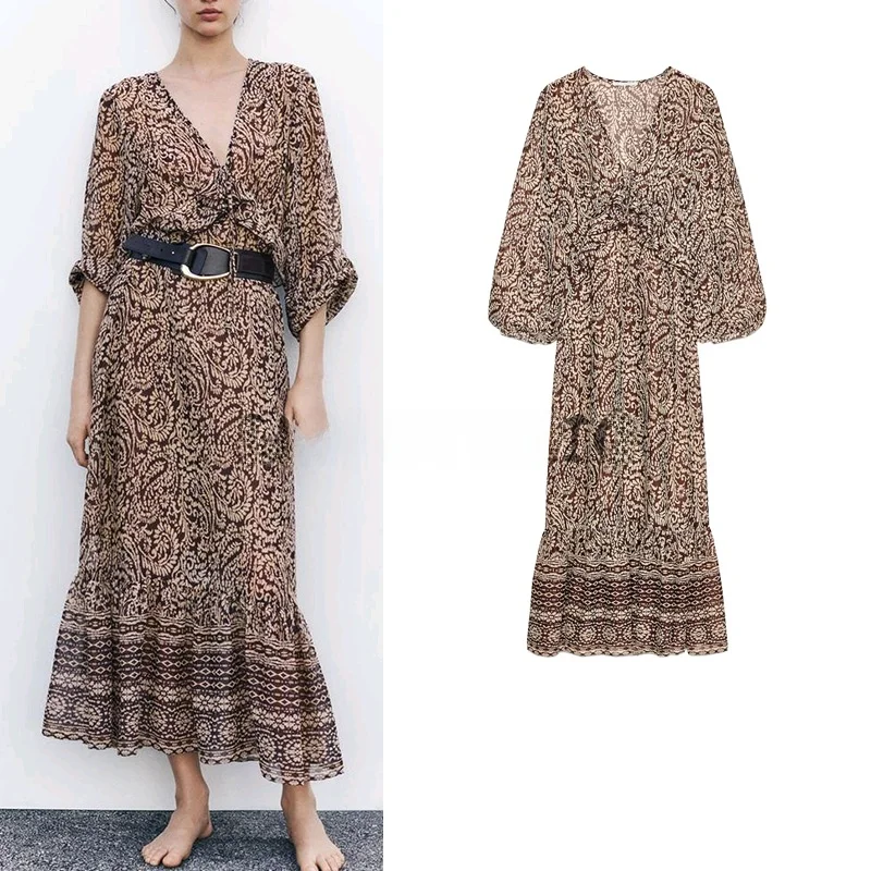 Primavera feminino hepburn sle longo sve v-ne em camadas decoração impressão midi dr commute lanterna de cintura alta sve dr