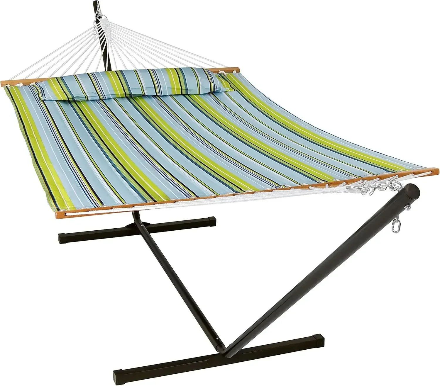 Double Quilted Fabric Hammock with 12-Foot Stand and Pillow - 350-Pound Capacity - Black Stand - Blue and Green