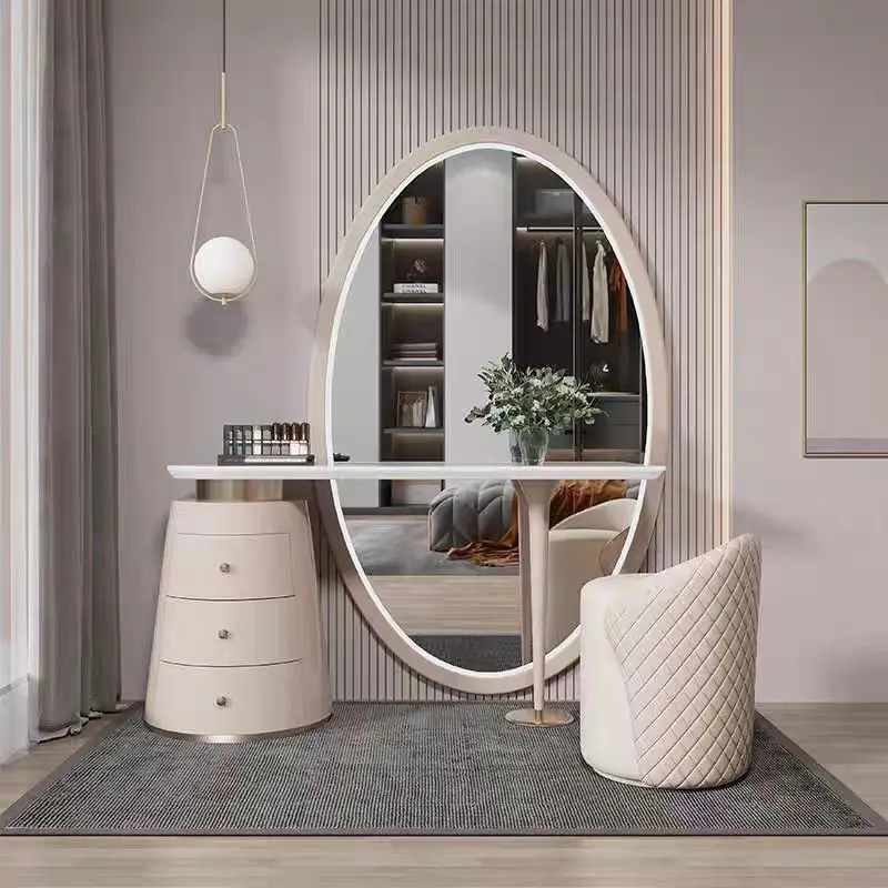 Senior Bedroom Wood Standing Panel Full Body Mirror Dressing Table with Drawers-Modern INS Style Integrated Set
