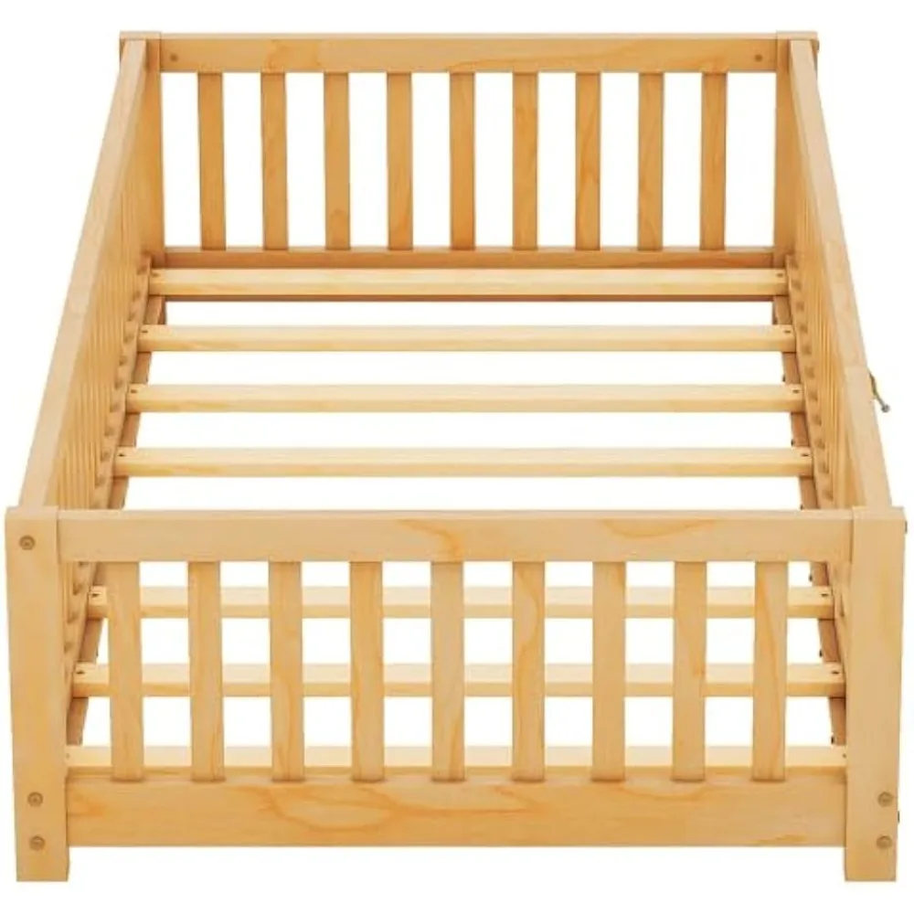 Twin Natural Floor Bed with Slats and Center Support Bar, Kids Montessori Bed with Fence and Door