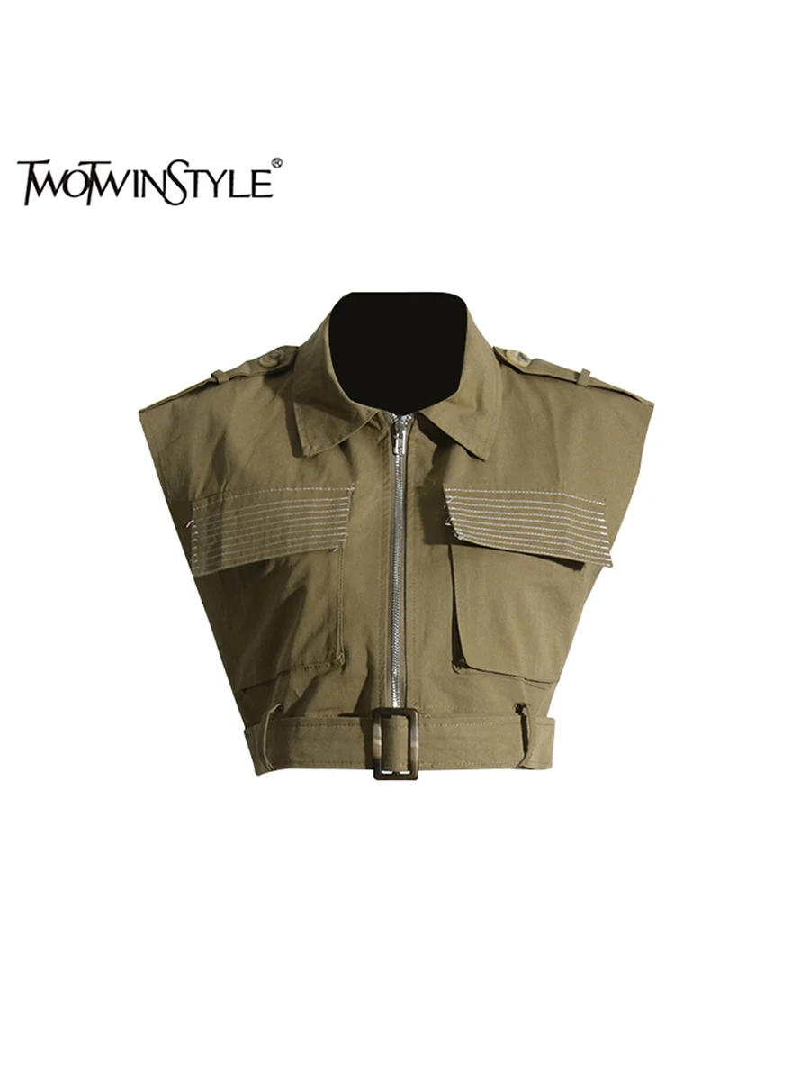 

TWOTWINSTYLE однотонные жилеты для похудения с карманами для женщин, минималиатный короткий топ без рукавов с лацканами, женский модный стиль, новинка