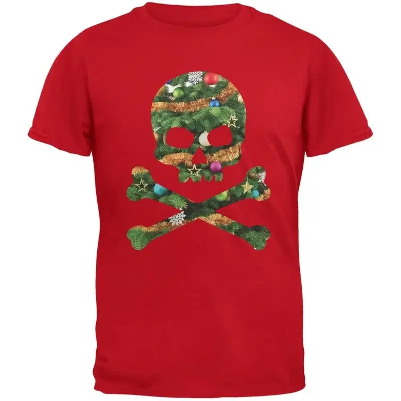Skull And Crossbones Christmas Tree Cut Out Red Adult T Shirt