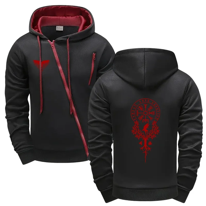 Raven Printed Mens Athletic Set Hooded Sweatshirt Pants Autumn Winter Sports Wear Casual Training Suit Motorcycle Zipper Jacket