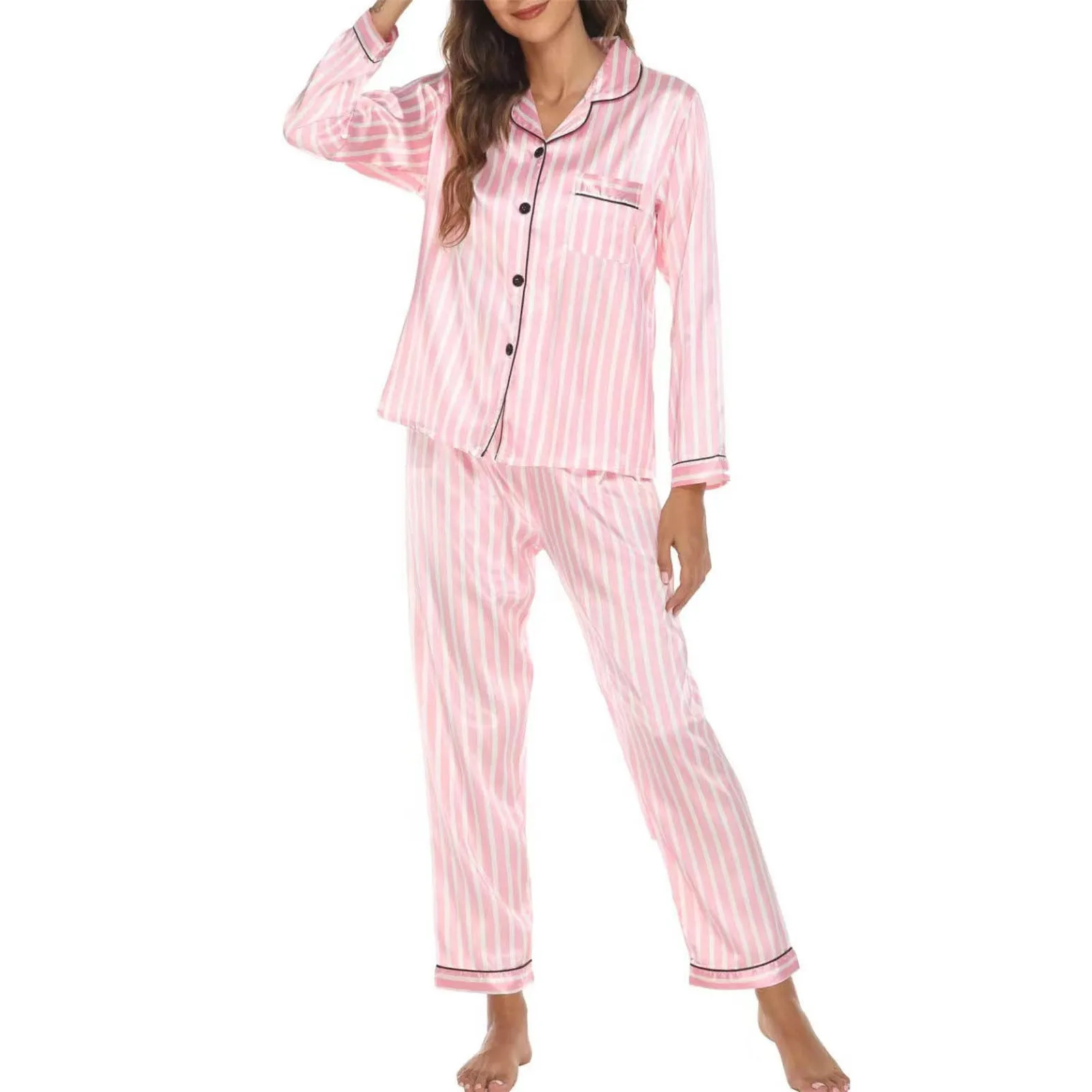 Women\'s Pajamas Sets 2 Leopard Stripe Fashion Simple Daily Vacation Satin Breathable Pajama Sleeve Pretty Sleepwear for Women