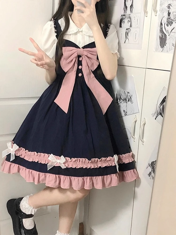 2025年夏新作セール　可愛いカレッジ風ブルーショートボウウエストマークキャミワンピース　白黒長袖シャツ