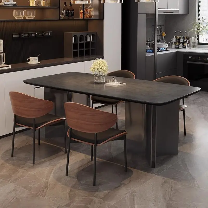 Mesa de jantar e cadeira de laje de rocha combinação italiana suporte completo placa de base de aço inoxidável moderno e minimalista casa luz luxo