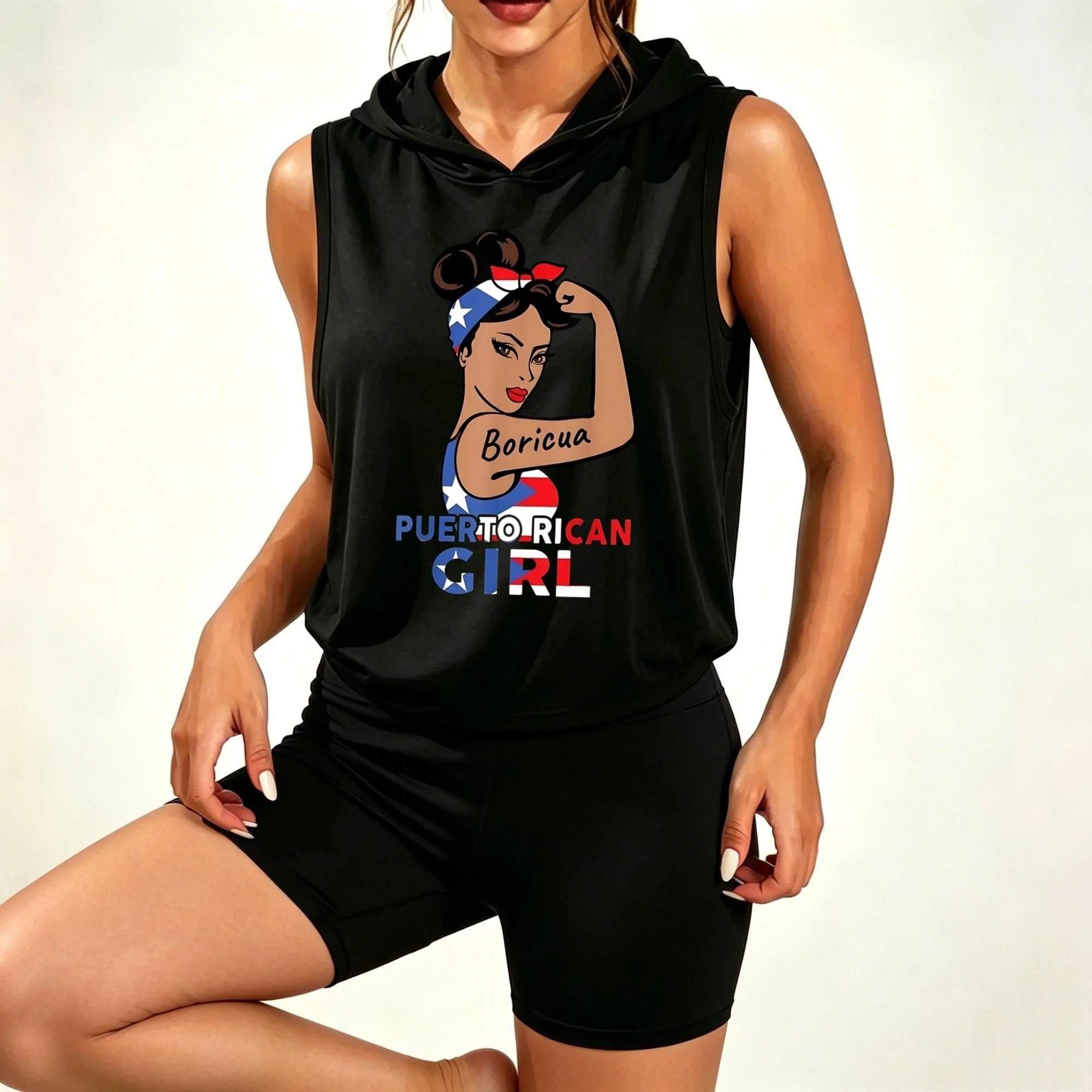 Women Puerto Rican Girl Boricua Strong Lady Print Sleeveless Hooded Tank Top & Biker Shorts Set, high-waist casual yoga suit for summer workout  wear