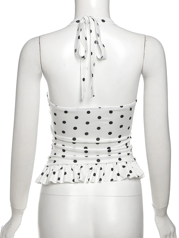 Haut imprimé chat étrange à pois pour femmes, col bas, à volants, dos nu, sans manches, slim, tendance d'été, gilet de base de rue