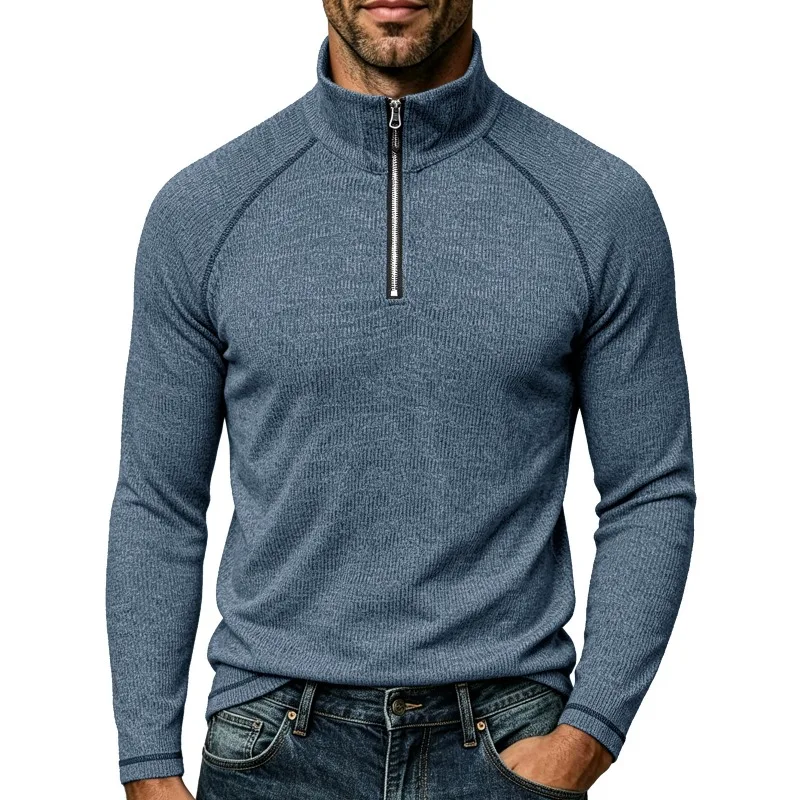 Men Half Zip Stand Collar Knit Sweatshirt Stretch Raglan Sleeve Solid Color Casual Inner Tops