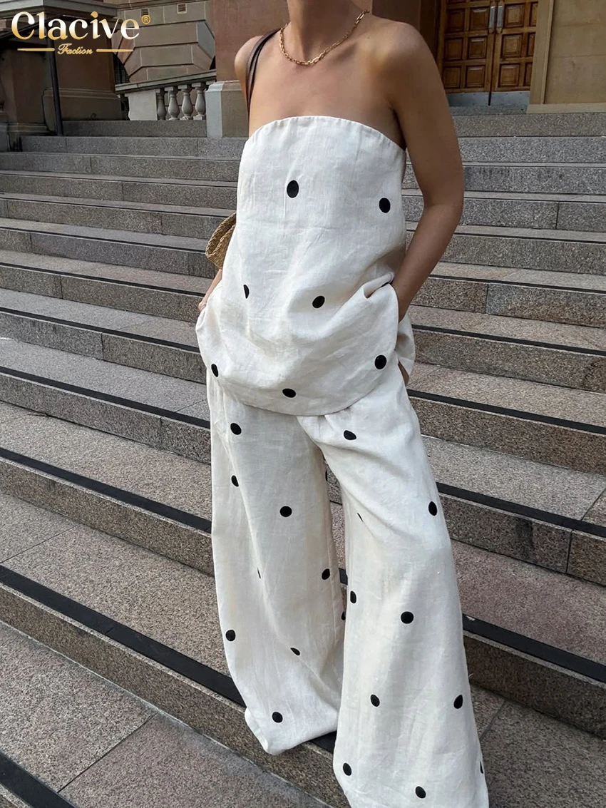 

Clacive Sexy Loose Print Cotton 2 Piece Sets Woman Outfit 2025 Summer Strapless Tank Top With High Waist Wide Pants Set Female