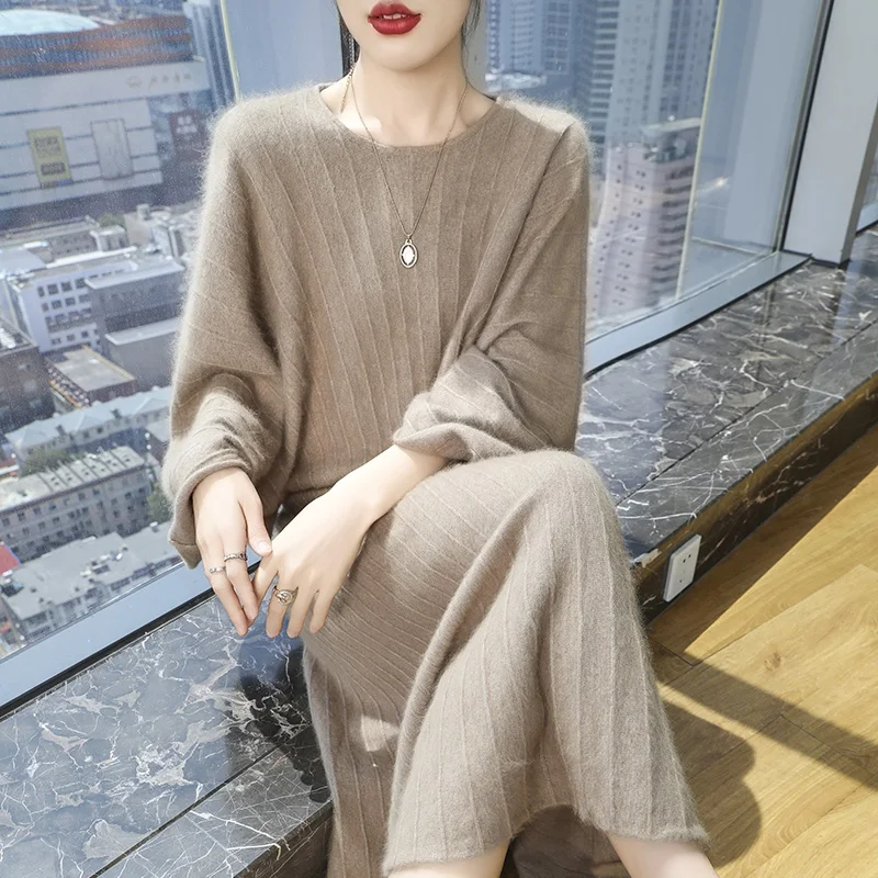 

2025 New Set 100% Mink Cashmere Winter Two-Piece Set Women's Round Neck Knitted Pullover Top Fashion Loose Large Size Skirt Warm