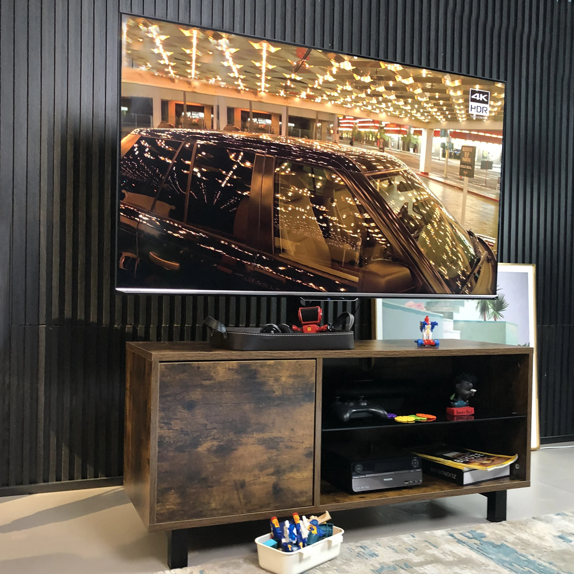 Rustic Brown TV Console with push-to-open Storage Cabinet for TV up to 65in Wood &glass TV Stand for Living Room