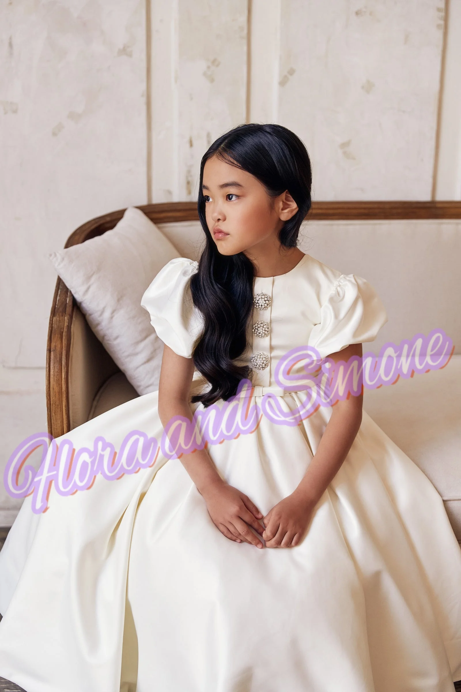 Satin puff sleeves Girl gowns Beading Elegant Flower Girl Dress for Wedding Ceremonies Formal Receptions Holiday Celebrations