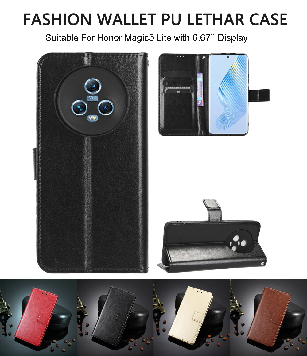 Funda de cuero PU para Honor Magic5 Lite, carcasa trasera protectora con tapa para teléfono, Magic5 Pro/Honor Magic6 Lite