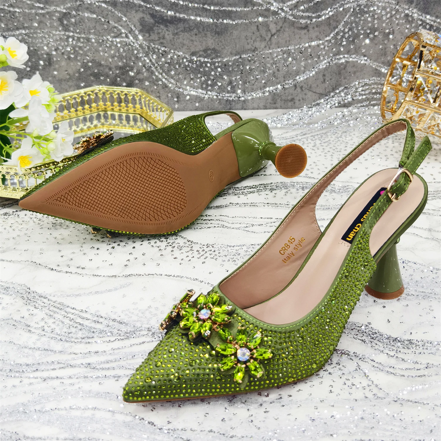 Nigeria Summer Hot Style Fashion Olive Green Flash Diamond Decoration Pointed High Heels Party Shoes Ladies Shoes And Bags