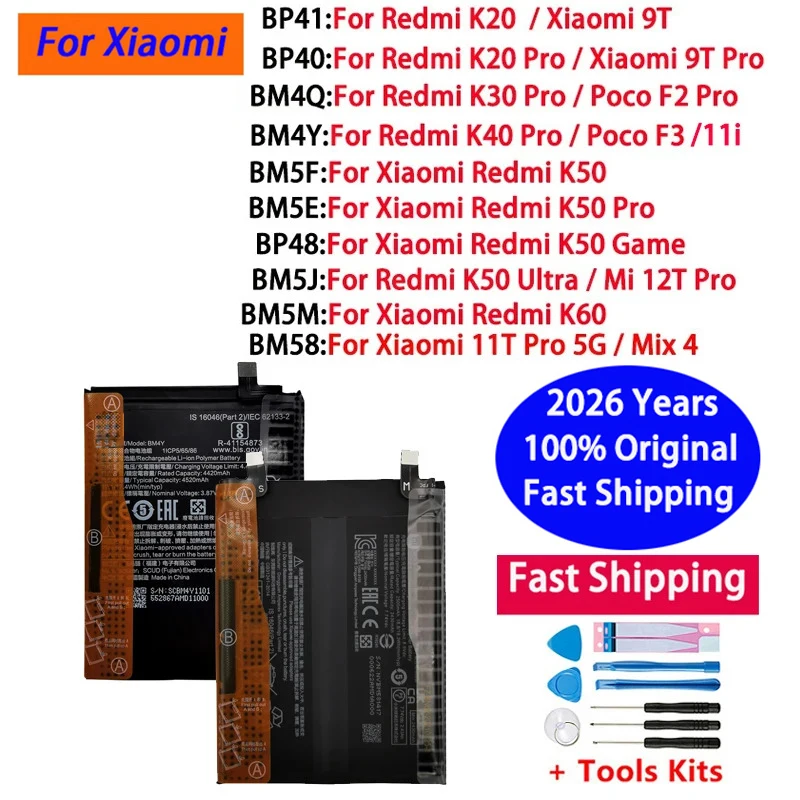 100% Original Battery For Xiaomi Redmi Mi K20 K30 K40 K50 K60 Poco F2 F3 9T 11i 11T Pro 5G Mix 4 12T Pro Game UItra Batteries